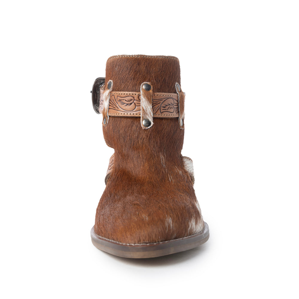 Myra Cora Jo Hairon Leather Boots - Pointed Toe, Block Heel Ankle Boots with Handtooled Buckle Accents for Cowgirl Escapades - Myra USA