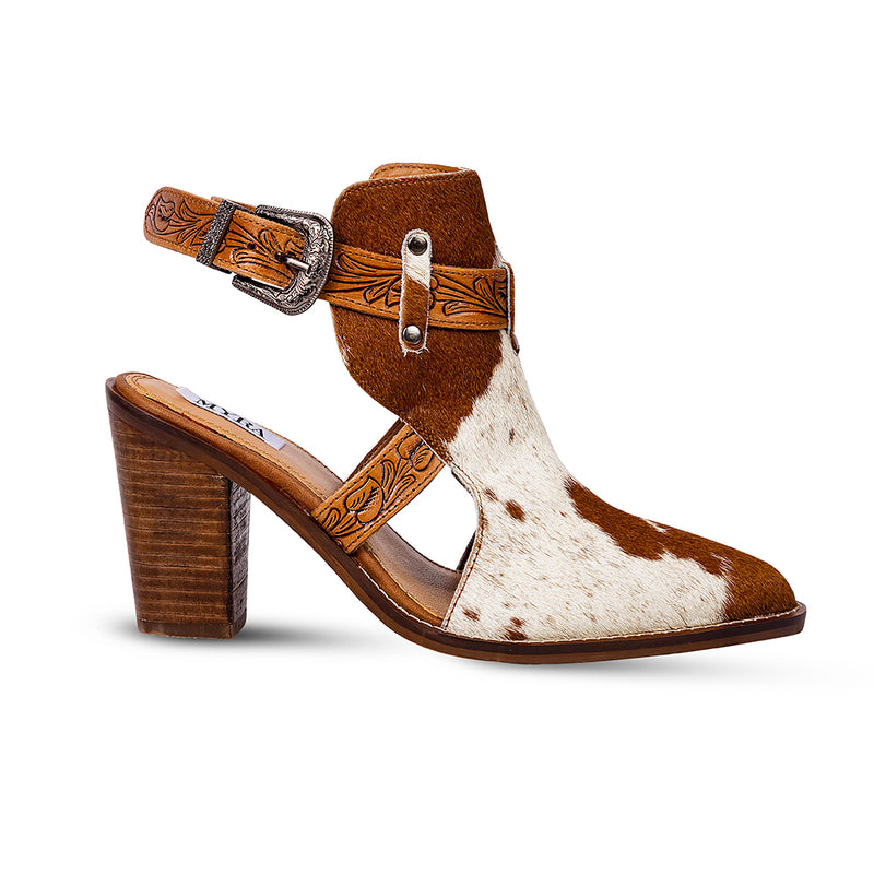 Women's Classic Western Boots in white and brown pattern that resembles cowhide