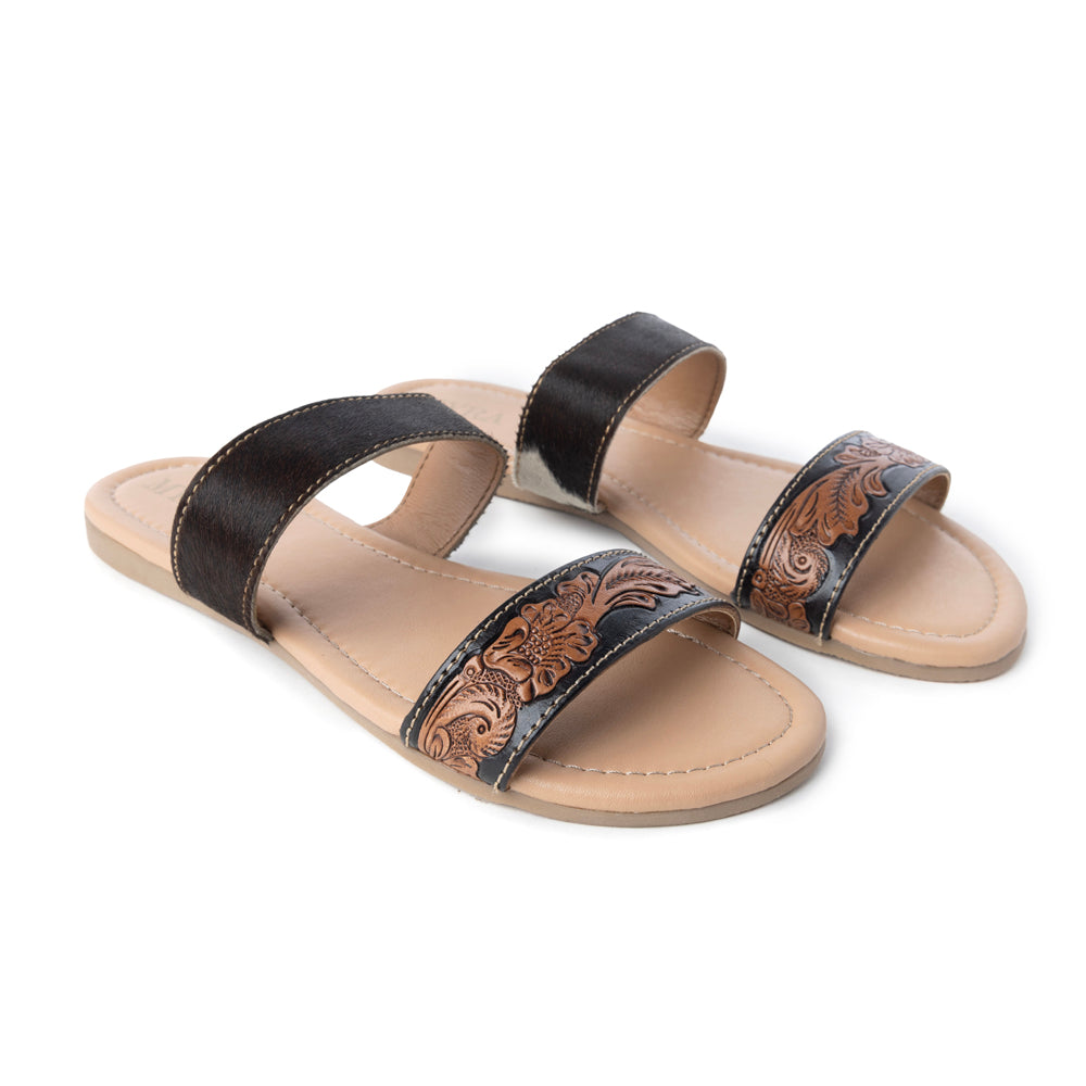 Myra Tambra Mesa Embossed Hairon Leather Slides for Women - Black Tooled Strap, Comfort Footbed for All-Day Style - Myra USA
