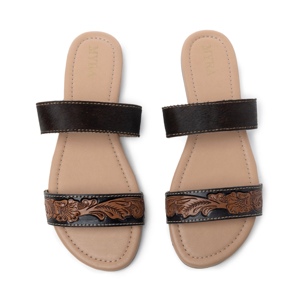 Myra Tambra Mesa Embossed Hairon Leather Slides for Women - Black Tooled Strap, Comfort Footbed for All-Day Style - Myra USA