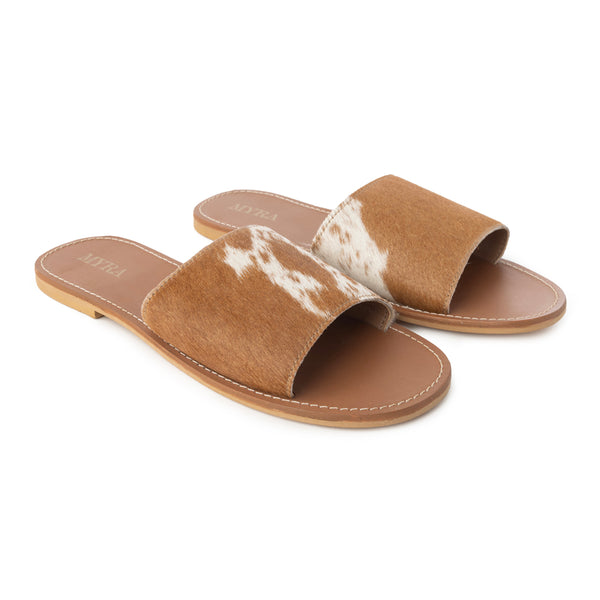 Myra Kemma Hairon Slide Sandals for Women â€“ Comfortable Flat Slides with Tan & White Speckle Print for Western Summer Outings - Myra USA