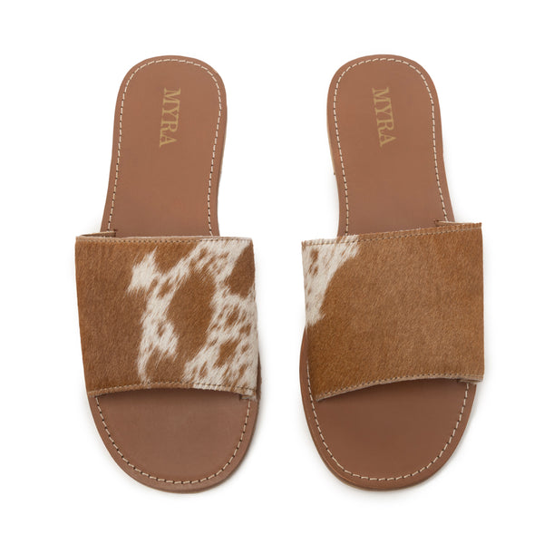 Myra Kemma Hairon Slide Sandals for Women â€“ Comfortable Flat Slides with Tan & White Speckle Print for Western Summer Outings - Myra USA