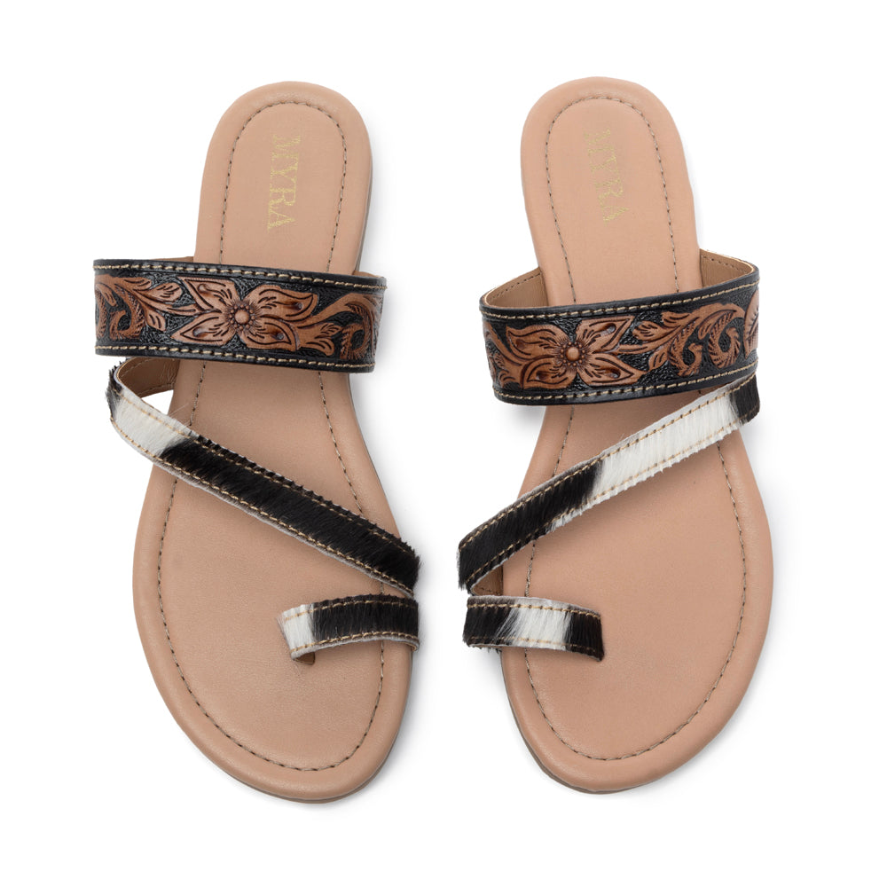 Myra Greta Lee Hair-On Leather Flip Flops for Women - Hand-Tooled Western Slippers with Flat Sole for Everyday Ease - Myra USA