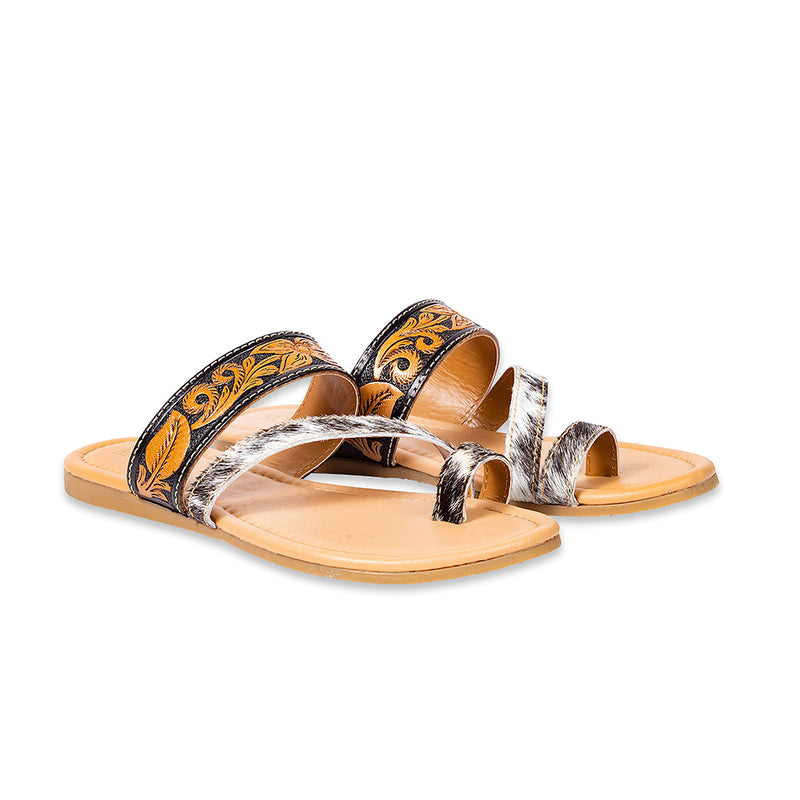 Unique sandals for women with an open-toe design and brown insole with floral patterns on starp