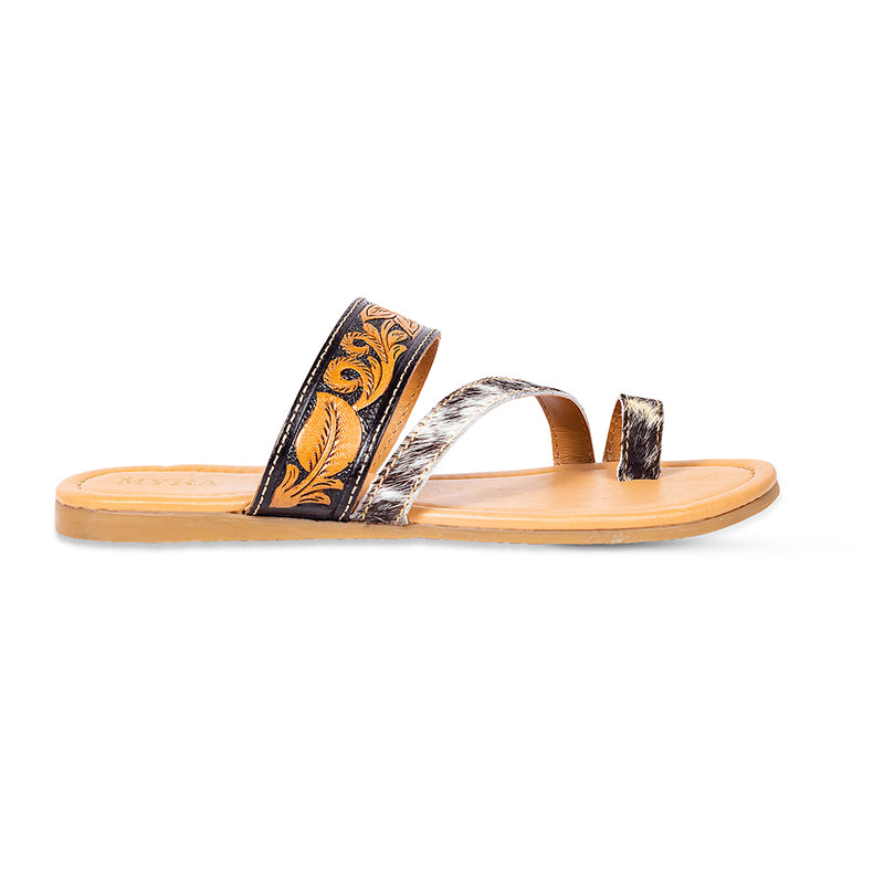 Unique sandals for women with an open-toe design and brown insole with floral patterns on starp