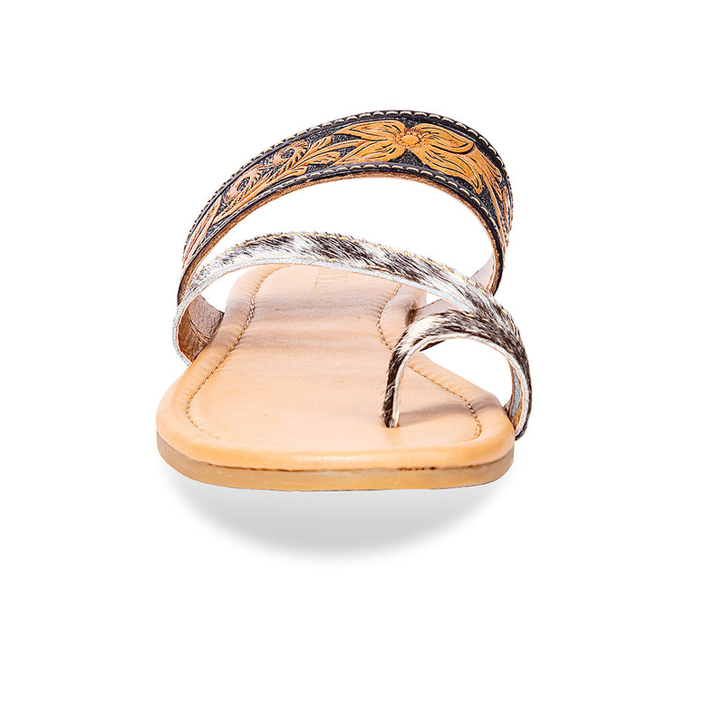 Unique sandals for women with an open-toe design and brown insole with floral patterns on starp