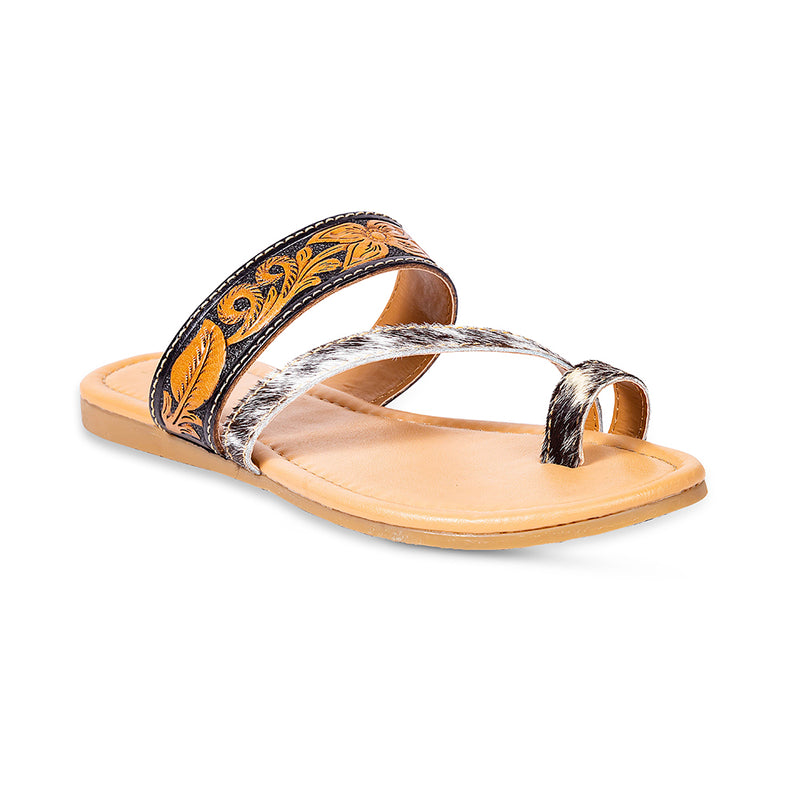 Unique sandals for women with an open-toe design and brown insole with floral patterns on starp