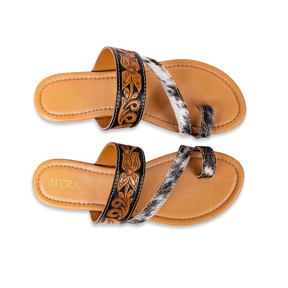 Unique sandals for women with an open-toe design and brown insole with floral patterns on starp