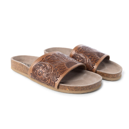 Myra Dottie Handtooled Leather Slide Sandals for Women â€“ Floral Western Tooling with Cork Sole for Casual Comfort - Myra USA