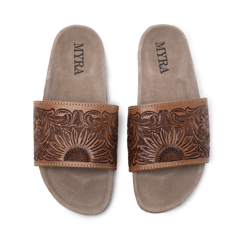 Myra Dottie Handtooled Leather Slide Sandals for Women â€“ Floral Western Tooling with Cork Sole for Casual Comfort - Myra USA