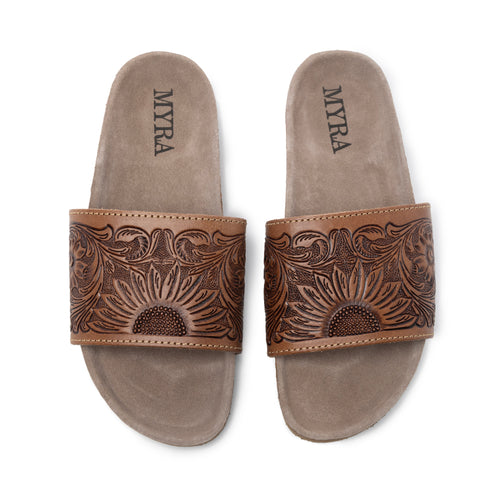 Myra Dottie Handtooled Leather Slide Sandals for Women â€“ Floral Western Tooling with Cork Sole for Casual Comfort - Myra USA