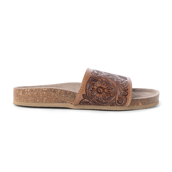 Myra Dottie Handtooled Leather Slide Sandals for Women â€“ Floral Western Tooling with Cork Sole for Casual Comfort - Myra USA