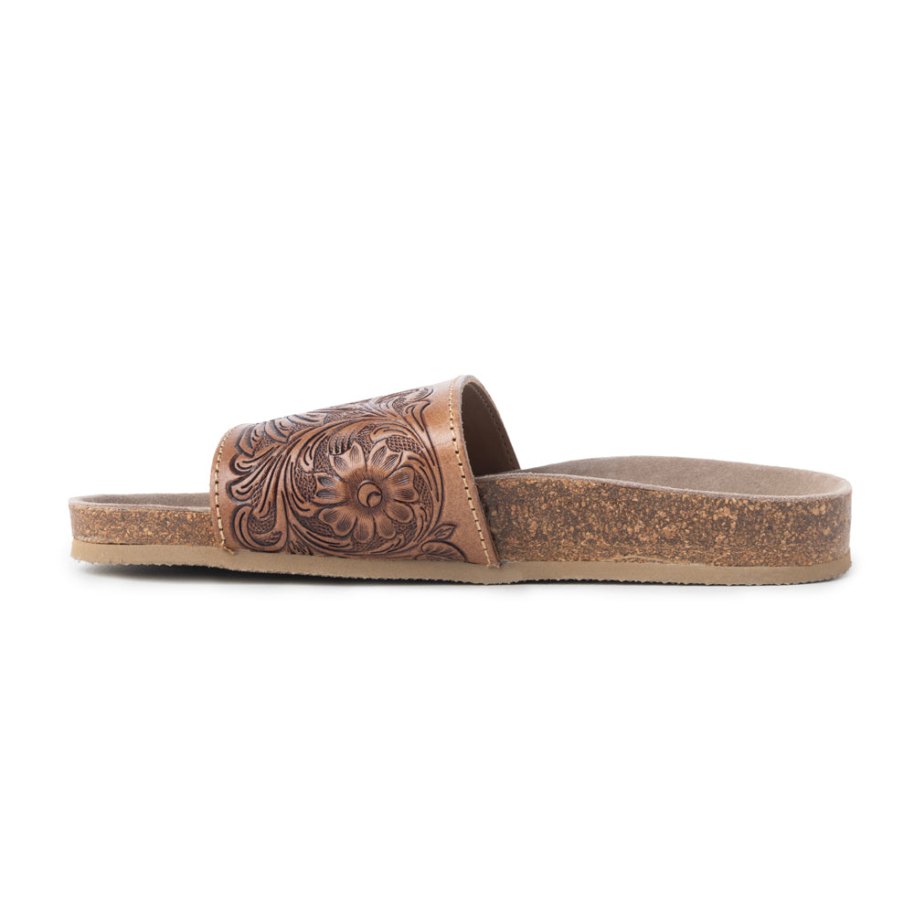 Myra Dottie Handtooled Leather Slide Sandals for Women â€“ Floral Western Tooling with Cork Sole for Casual Comfort - Myra USA