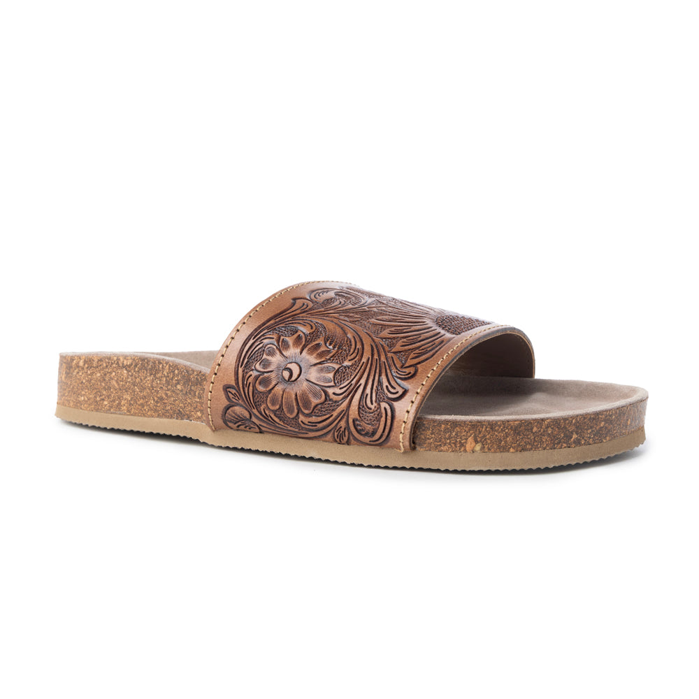 Myra Dottie Handtooled Leather Slide Sandals for Women â€“ Floral Western Tooling with Cork Sole for Casual Comfort - Myra USA