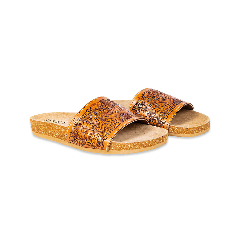 Hand-Tooled Sandals in brown colour with floral pattern on the straps