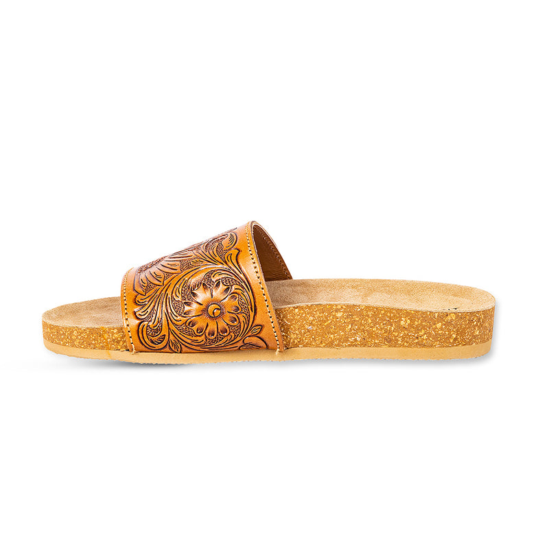 Hand-Tooled Sandals in brown colour with floral pattern on the straps