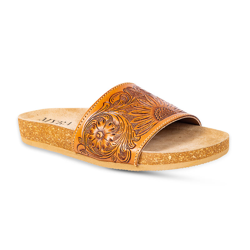 Hand-Tooled Sandals in brown colour with floral pattern on the straps