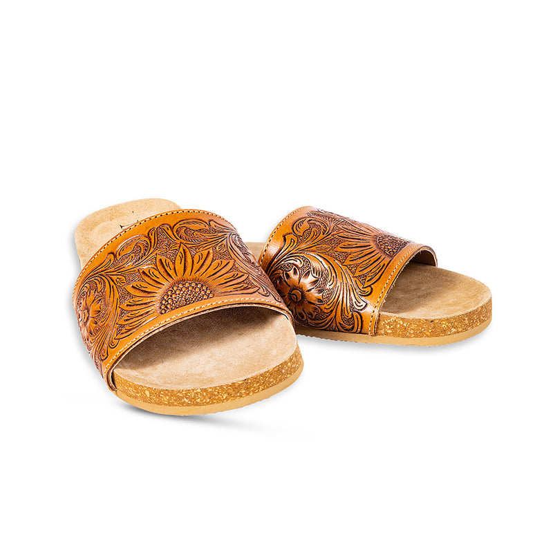 Hand-Tooled Sandals in brown colour with floral pattern on the straps