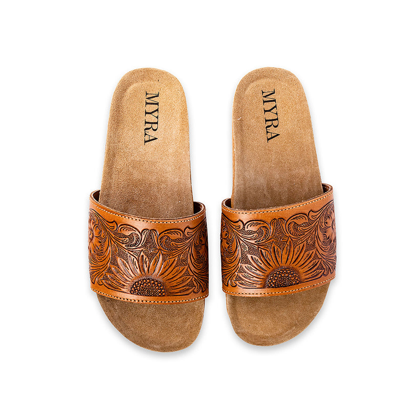 Hand-Tooled Sandals in brown colour with floral pattern on the straps