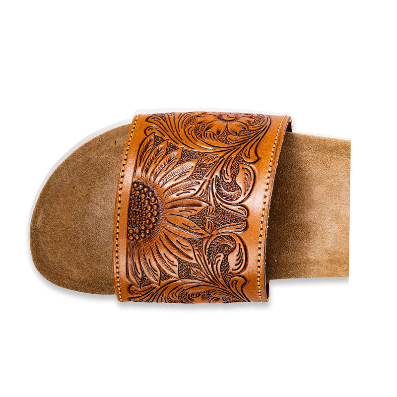 Hand-Tooled Sandals in brown colour with floral pattern on the straps