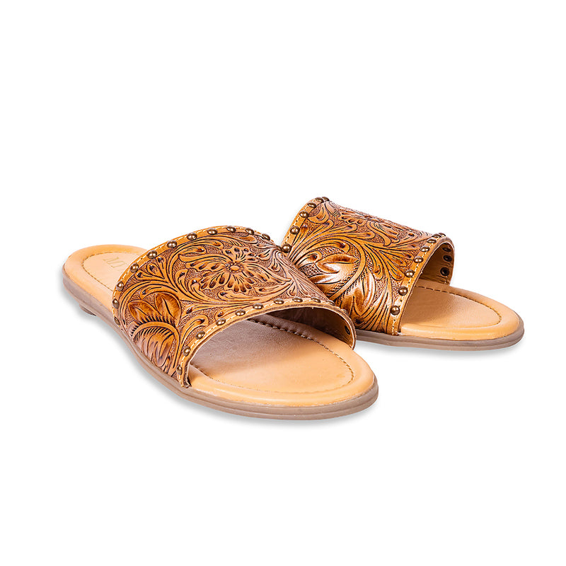 Brown Handtooled Leather Sandals with an ornate floral pattern embossed on the straps