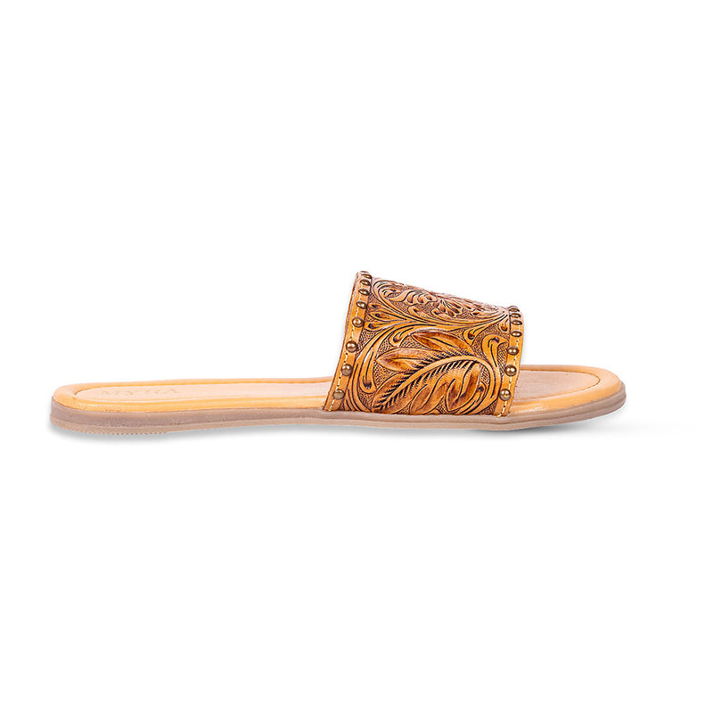 Brown Handtooled Leather Sandals with an ornate floral pattern embossed on the straps