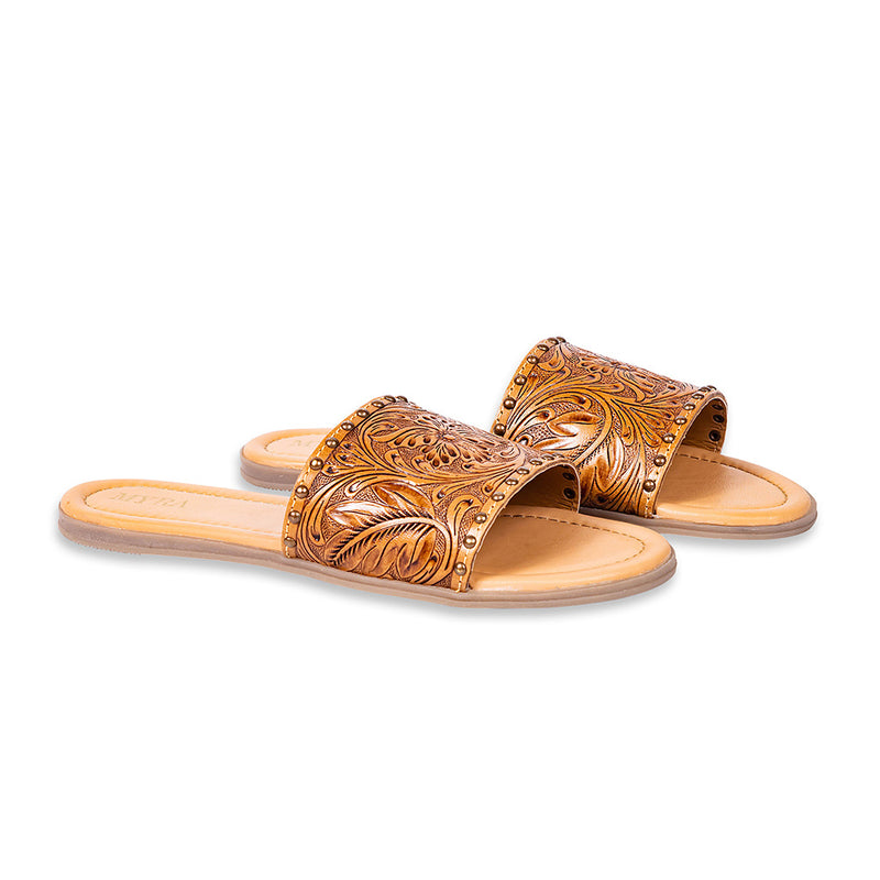 Brown Handtooled Leather Sandals with an ornate floral pattern embossed on the straps