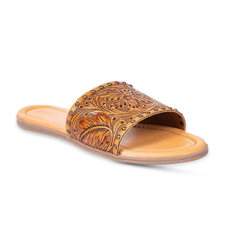 Brown Handtooled Leather Sandals with an ornate floral pattern embossed on the straps