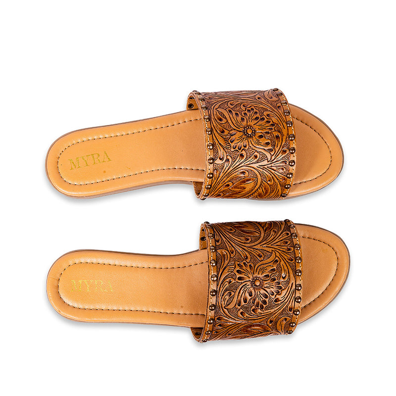 Brown Handtooled Leather Sandals with an ornate floral pattern embossed on the straps