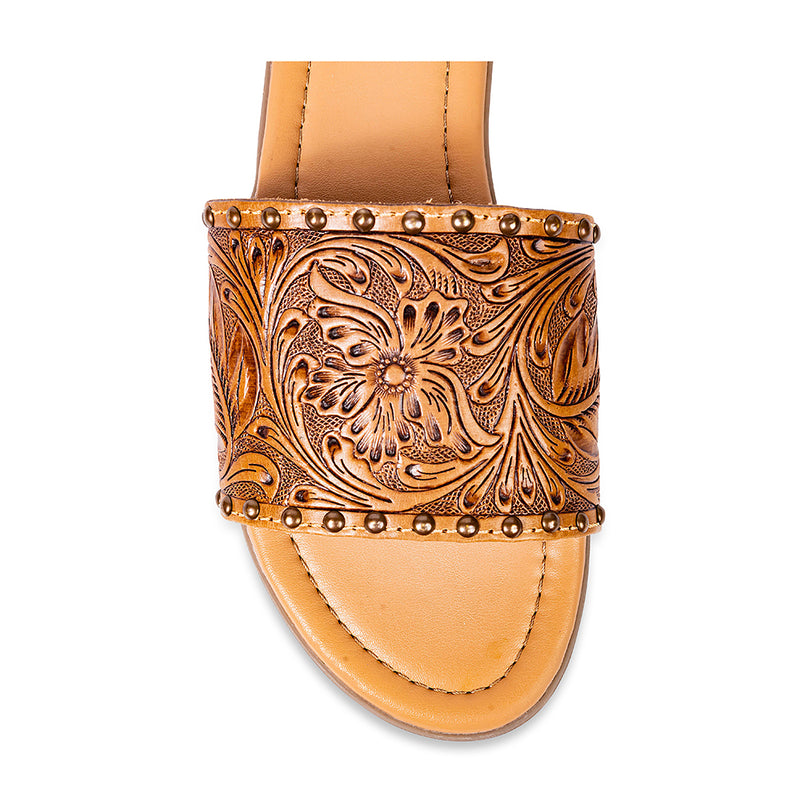 Brown Handtooled Leather Sandals with an ornate floral pattern embossed on the straps