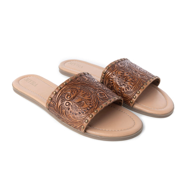 Myra Kasandra Handtooled Leather Slip-Ons for Women – Western Slides with Tooled Floral Design and Padded Insole - Myra USA
