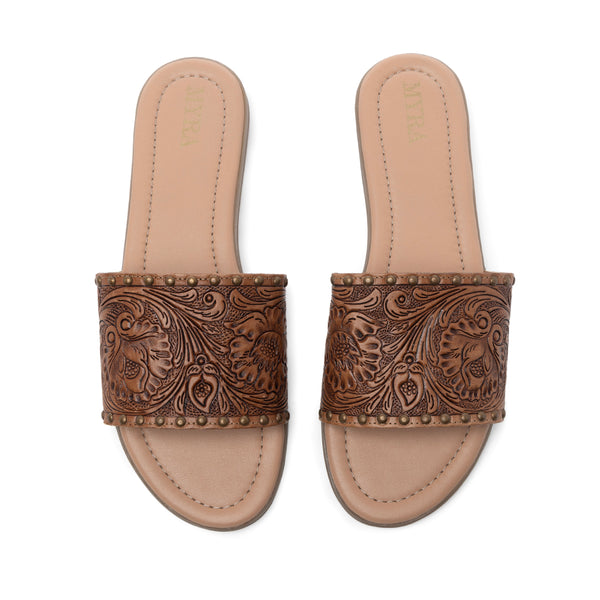 Myra Kasandra Handtooled Leather Slip-Ons for Women – Western Slides with Tooled Floral Design and Padded Insole - Myra USA