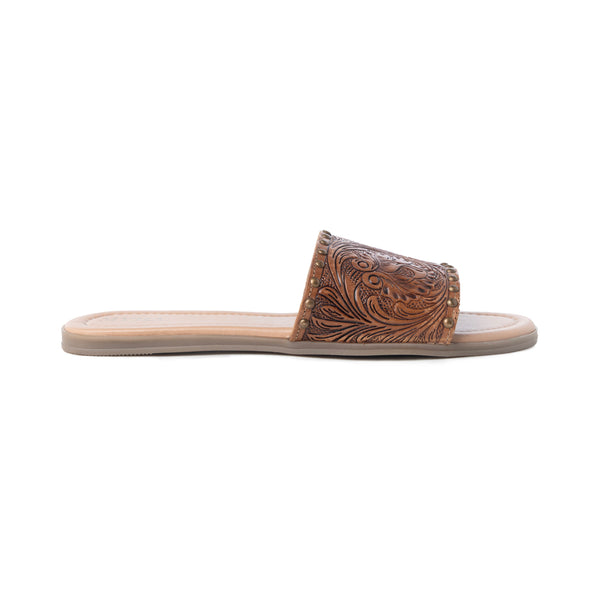 Myra Kasandra Handtooled Leather Slip-Ons for Women – Western Slides with Tooled Floral Design and Padded Insole - Myra USA