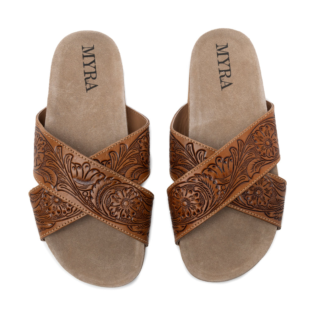 Myra Gracie Handtooled Leather Sandals for Women – Western Criss-Cross Slides with Cork Sole for Ranch, Rodeo, and Everyday Comfort - Myra USA