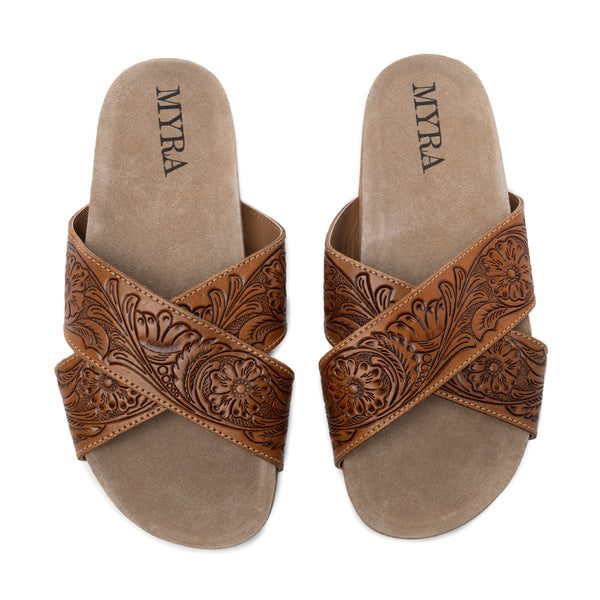 Myra Gracie Handtooled Leather Sandals for Women – Western Criss-Cross Slides with Cork Sole for Ranch, Rodeo, and Everyday Comfort - Myra USA