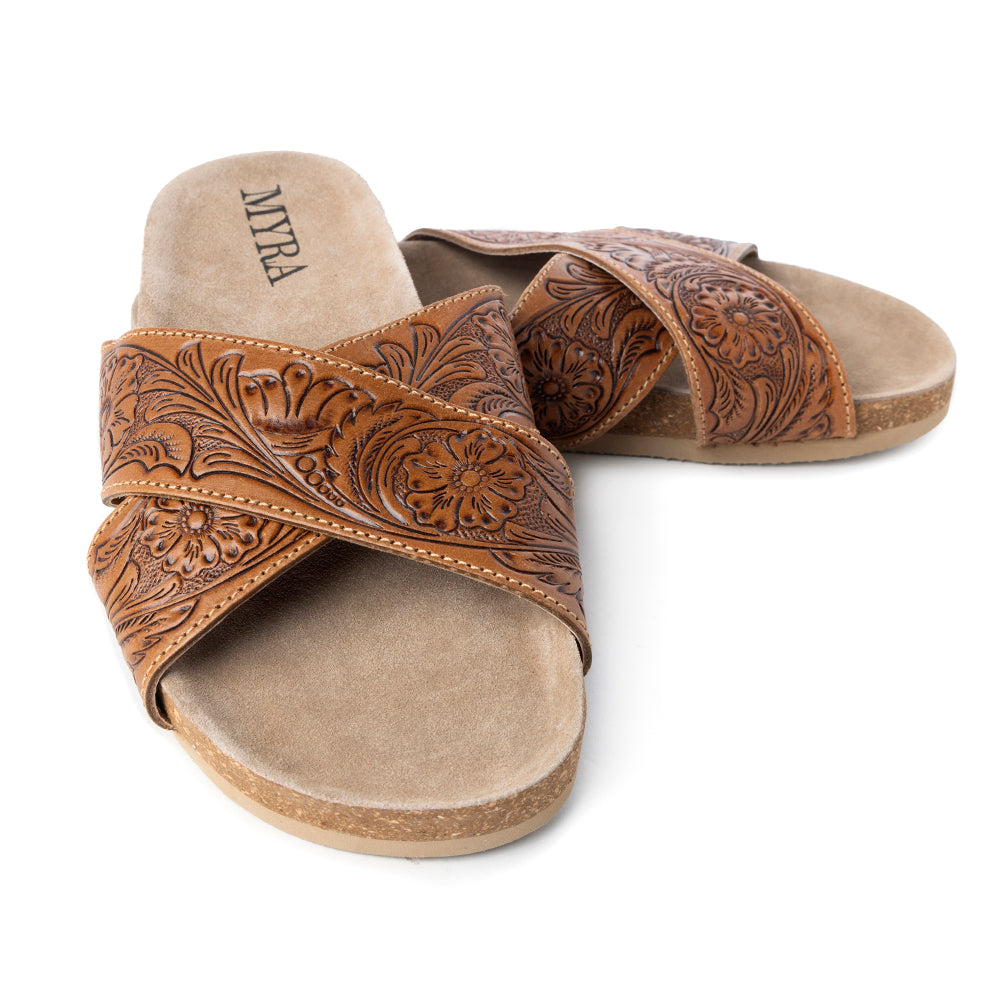 Myra Gracie Handtooled Leather Sandals for Women – Western Criss-Cross Slides with Cork Sole for Ranch, Rodeo, and Everyday Comfort - Myra USA