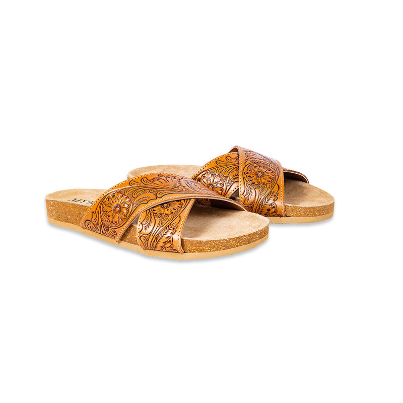 Brown handcrafted Cowgirl Sandals with wide strap over the top and paisley embossed pattern