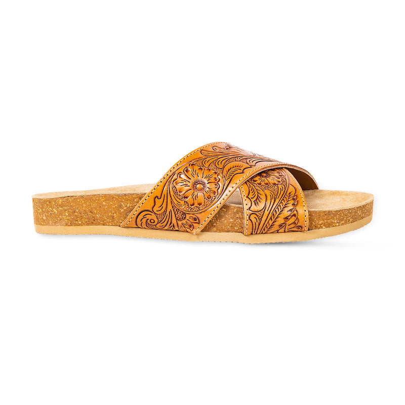 Brown handcrafted Cowgirl Sandals with wide strap over the top and paisley embossed pattern