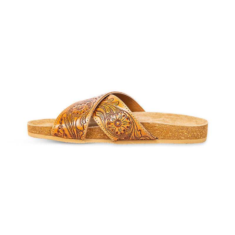 Brown handcrafted Cowgirl Sandals with wide strap over the top and paisley embossed pattern