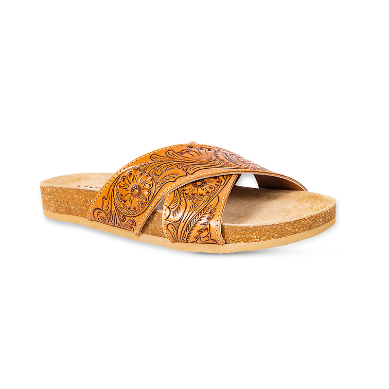 Brown handcrafted Cowgirl Sandals with wide strap over the top and paisley embossed pattern