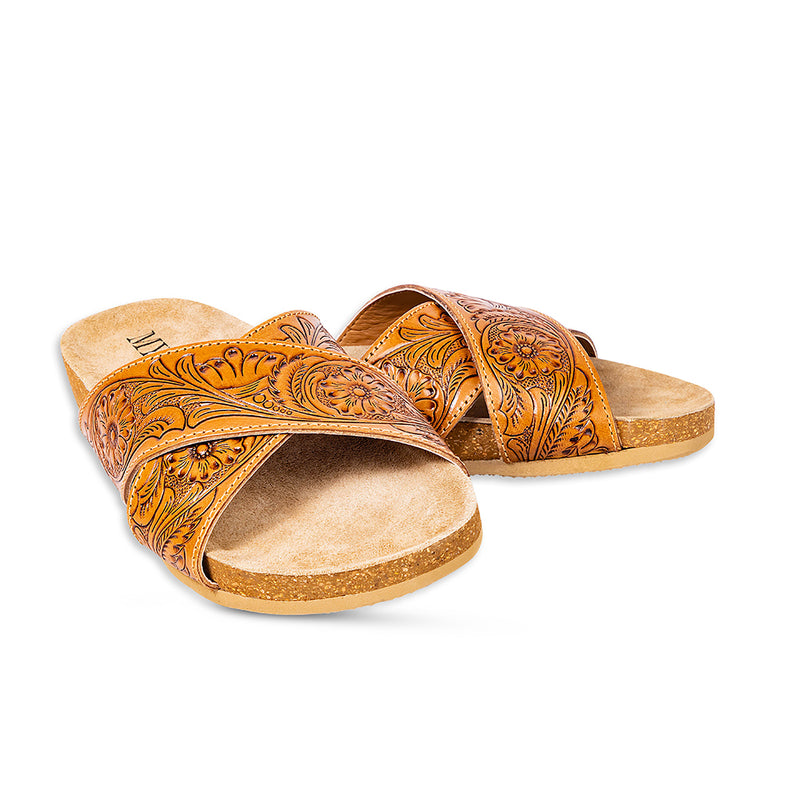 Brown handcrafted Cowgirl Sandals with wide strap over the top and paisley embossed pattern