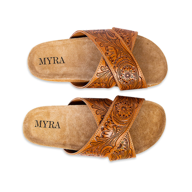 Brown handcrafted Cowgirl Sandals with wide strap over the top and paisley embossed pattern