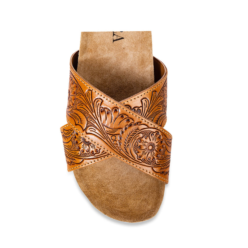 Brown handcrafted Cowgirl Sandals with wide strap over the top and paisley embossed pattern