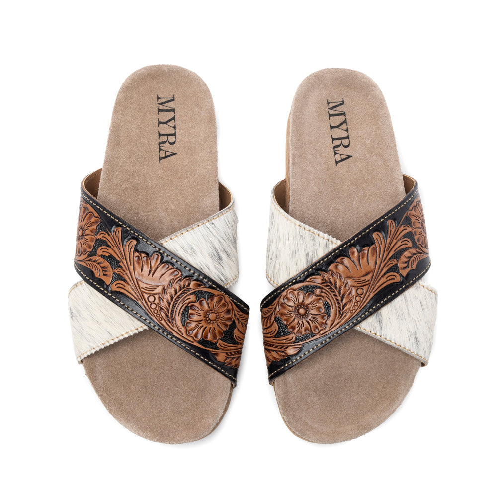 Myra Nevada Handtooled Leather Flats for Women - Double-Strap Sandals with Cushioned Cork Sole for Rodeo Chic Comfort - Myra USA