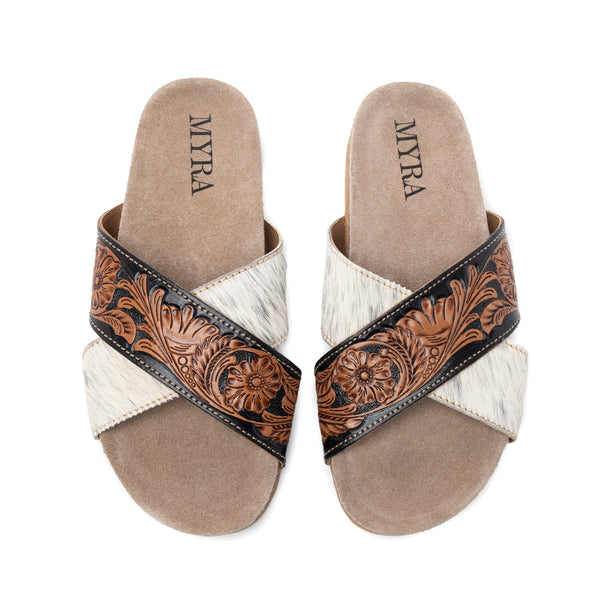 Myra Nevada Handtooled Leather Flats for Women - Double-Strap Sandals with Cushioned Cork Sole for Rodeo Chic Comfort - Myra USA