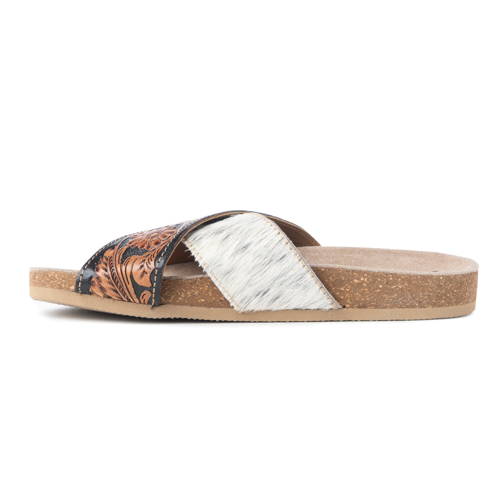 Myra Nevada Handtooled Leather Flats for Women - Double-Strap Sandals with Cushioned Cork Sole for Rodeo Chic Comfort - Myra USA
