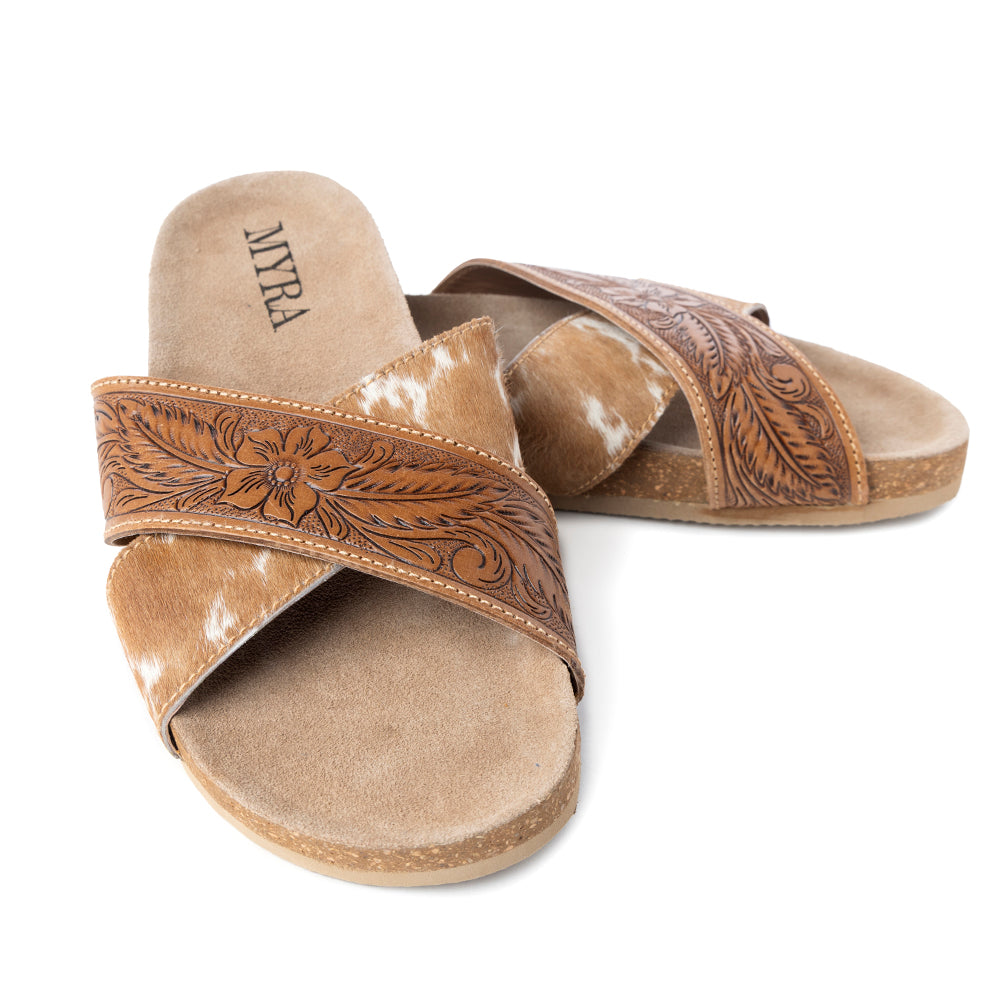 Myra Prairie Handtooled Leather Slide Sandals for Women â€“ Floral Western Design, Soft Cork Footbed for Comfort - Myra USA