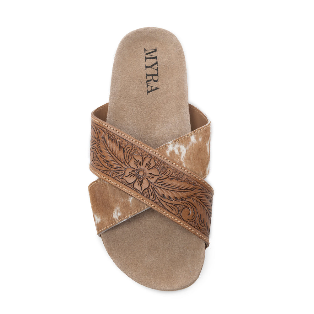 Myra Prairie Handtooled Leather Slide Sandals for Women â€“ Floral Western Design, Soft Cork Footbed for Comfort - Myra USA