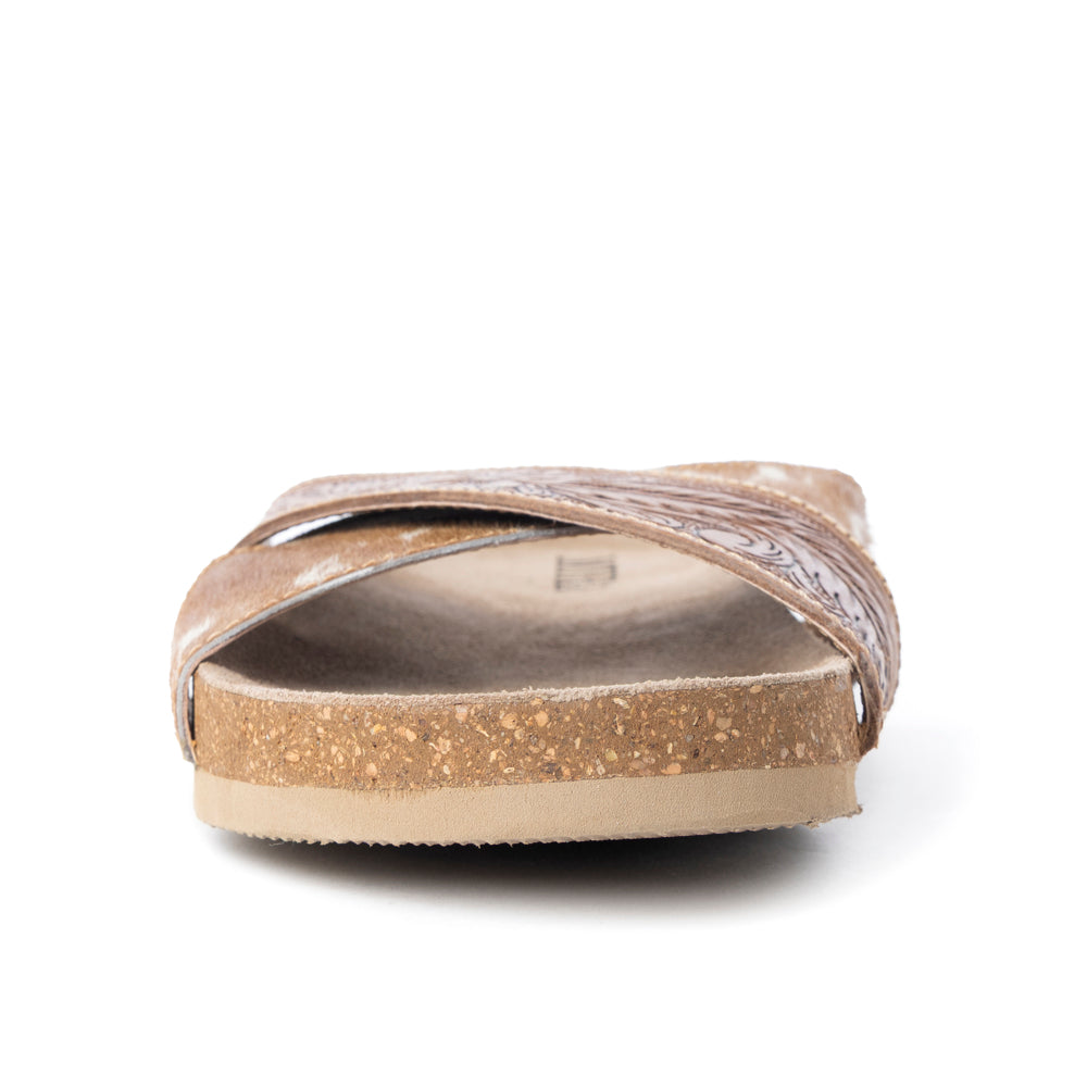 Myra Prairie Handtooled Leather Slide Sandals for Women â€“ Floral Western Design, Soft Cork Footbed for Comfort - Myra USA