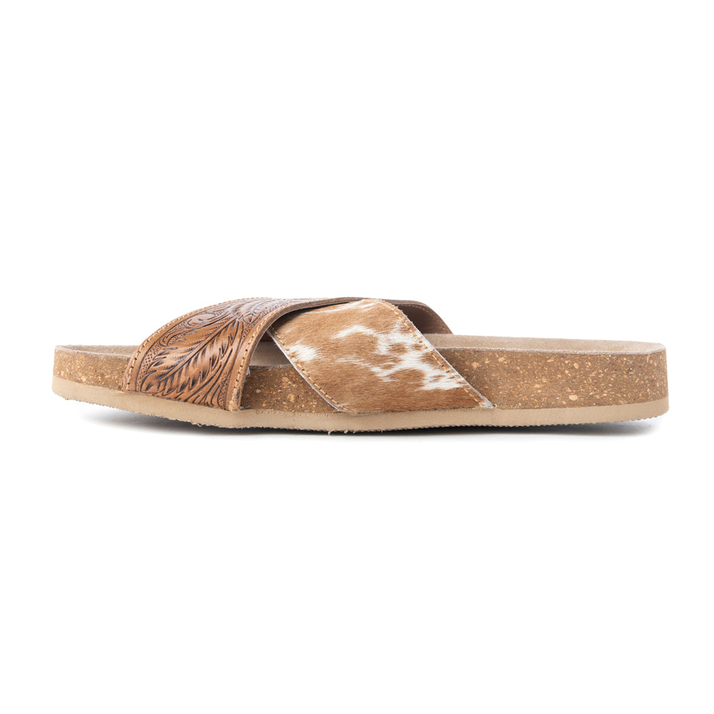 Myra Prairie Handtooled Leather Slide Sandals for Women â€“ Floral Western Design, Soft Cork Footbed for Comfort - Myra USA